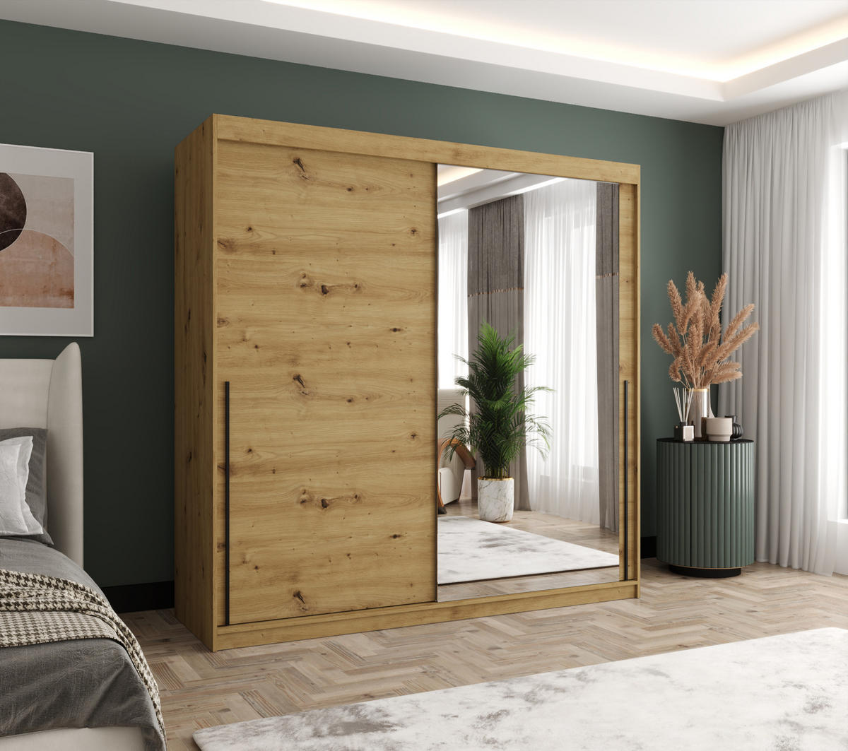 SCHIEBETÜRENSCHRANK mit Spiegel 200 cm Breite Artisan mit schwarzem Griff - Schwarz/Eiche Artisan, Holzwerkstoff (250/200/62cm) - Home Collective