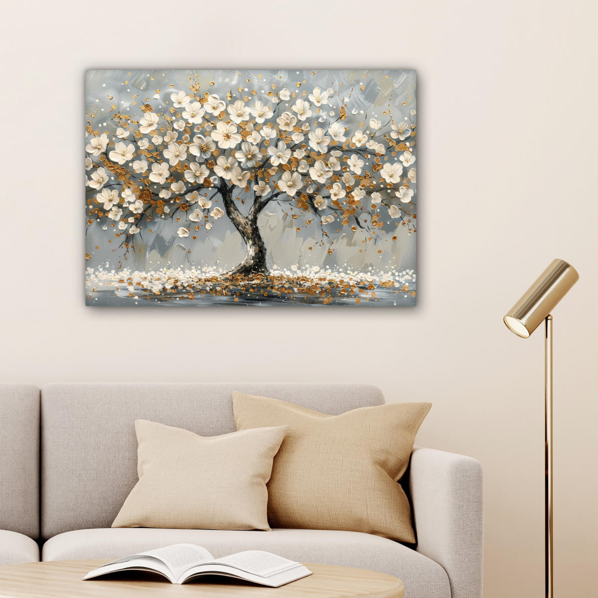 LEINWANDBILD Baum - Blumen - Weiß - Natur - Kunst Wandbilder 80x60 cm - Weiß, Textil (80/60cm) - MuchoWow