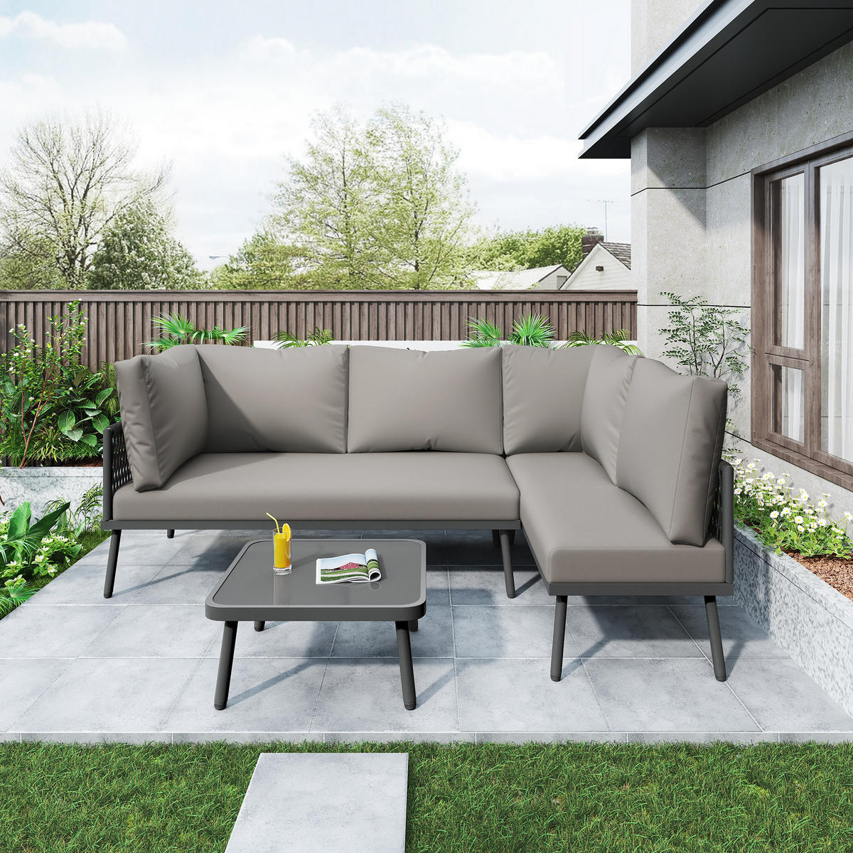 GARTENLOUNGE-SET L-förmiges Gartenmöbel-Set Sitzgruppe mit 2 Sofas&1 Tisch Lounge-Set - Grau, Textil/Metall - STILVORA