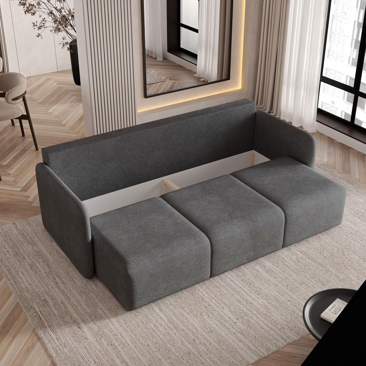 BETTSOFA SUVI III NV Grau Geflochtener Stoff mit Schlaffunktion - Grau, Textil (90/85/220cm) - MASSENO