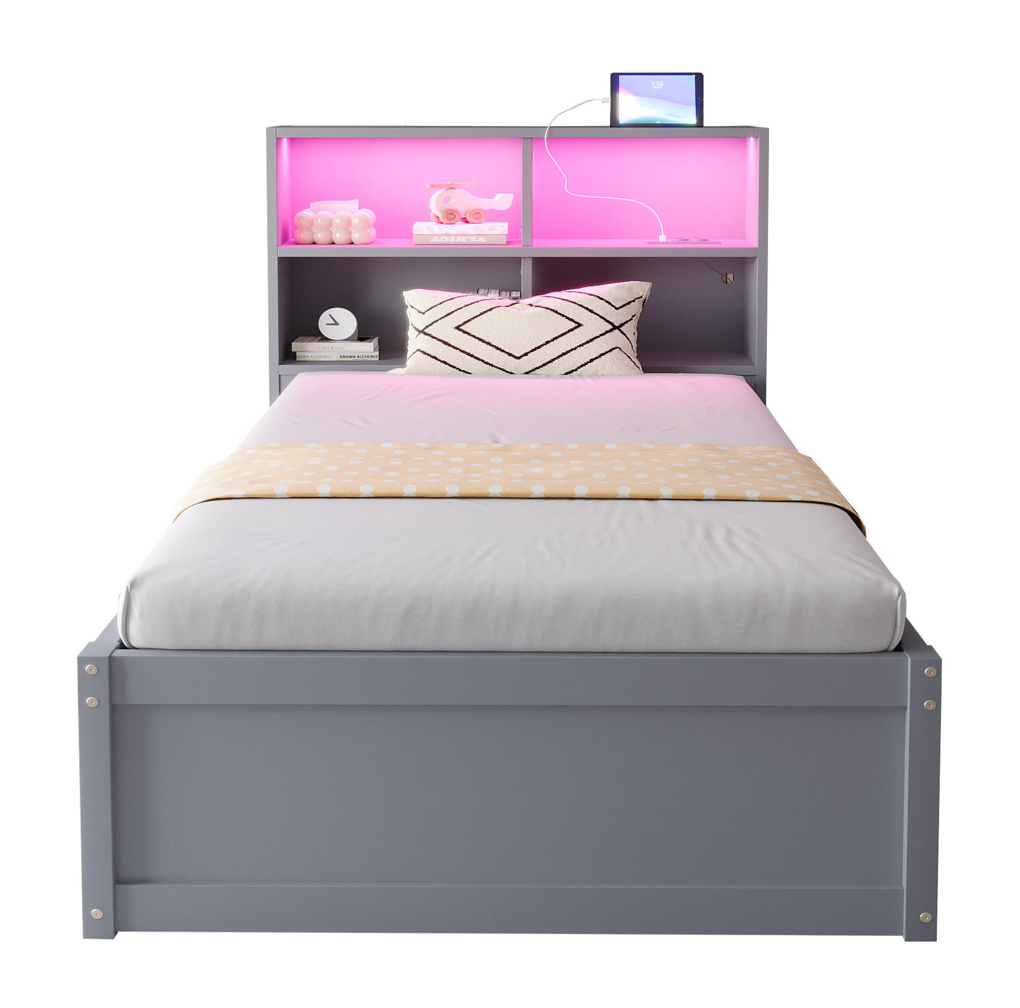 OKWISH MULTIFUNKČNÍ postel 90/200 cm šedá z dřeva s LED osvětlením, zásuvkou a úložným prostorem