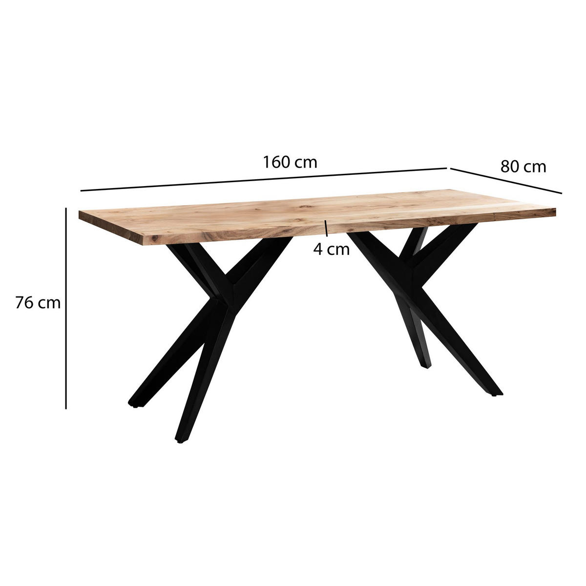 ESSTISCH Massivholz Metall Rechteckig Loft-Stil, Akazie 160x80x76 cm - Schwarz/Akaziefarben, Holz/Metall (80/160/76cm) - KADIMA DESIGN