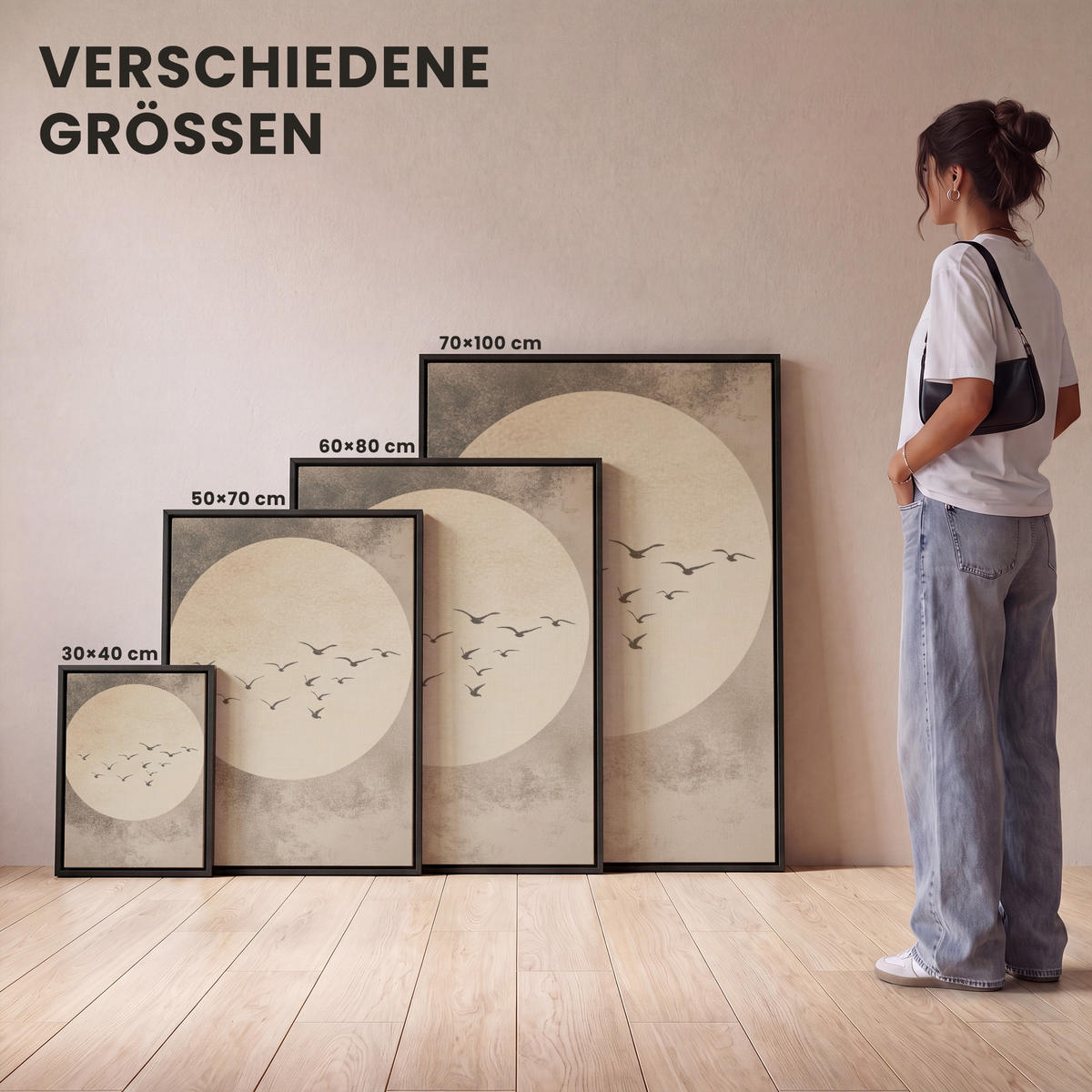 LEINWAND Bilder mit Rahmen - Vogel - Beige - Japanisch - 30x40 - Taupe, Textil (30/40cm) - MuchoWow
