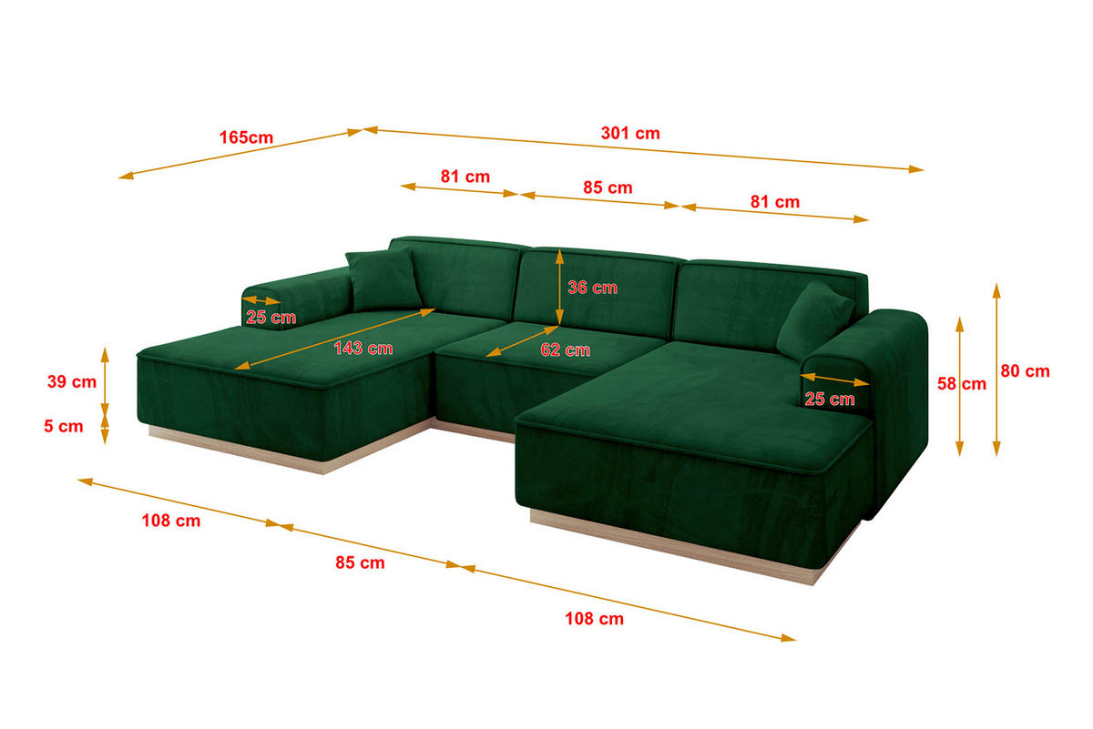 SEDACÍ SOUPRAVA ve tvaru U IREA-U1 301x165x80 Zelená Velur - černá/zelená barva, kompozitní dřevo/textil (303/83/171cm) - ALTDECOR