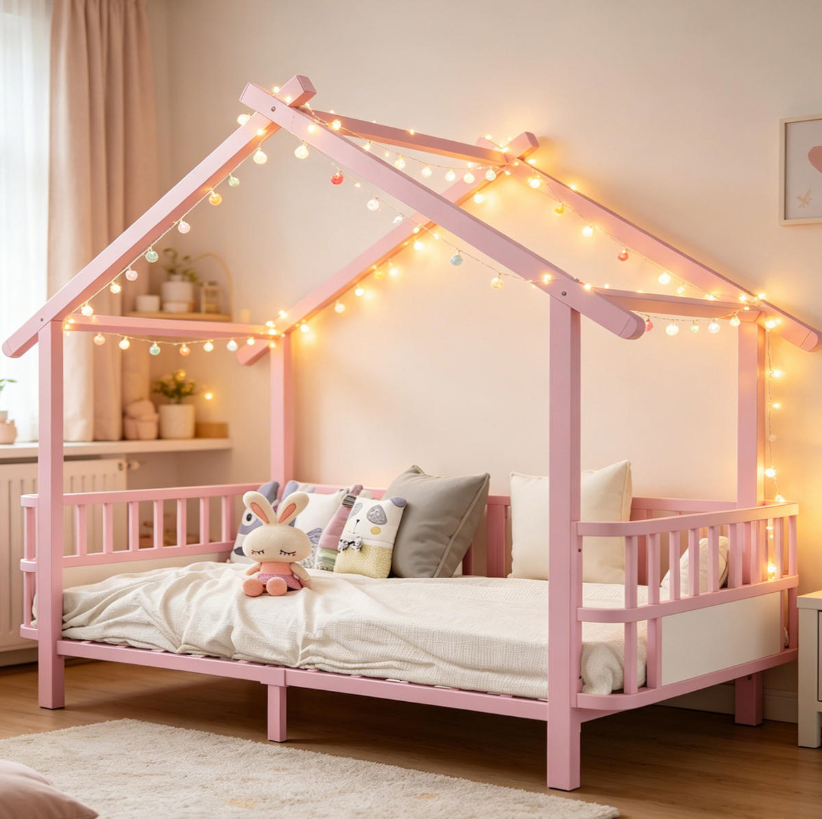 KINDERBETT Hausform 90/200 cm Rosa mit Dachdesign und Sicherheitsgitter ohne Matratze - Rosa, Metall (90/200cm) - MIVRAY