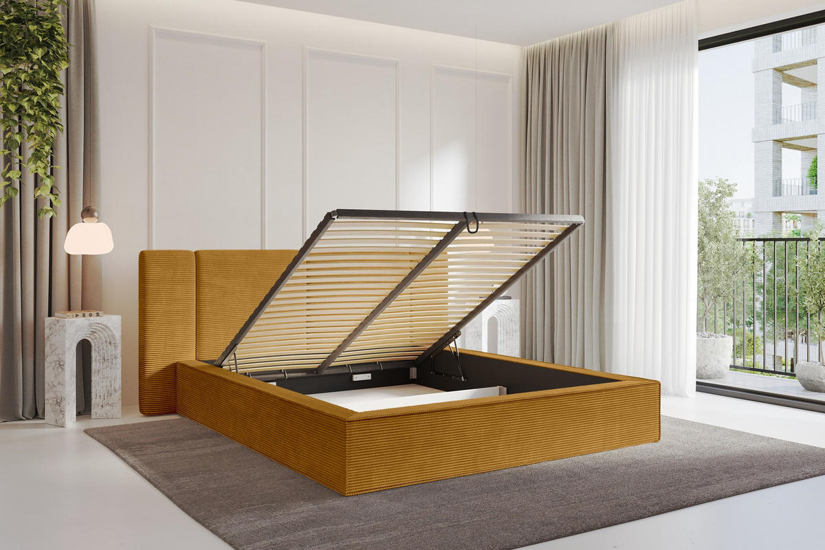 POLSTERBETT mit Bettkasten und Lattenrost, Boxbett ohne Matratze - RIVO 200x200 Senfgelb - Gelb, Holzwerkstoff/Textil (200/200cm) - ALTDECOR