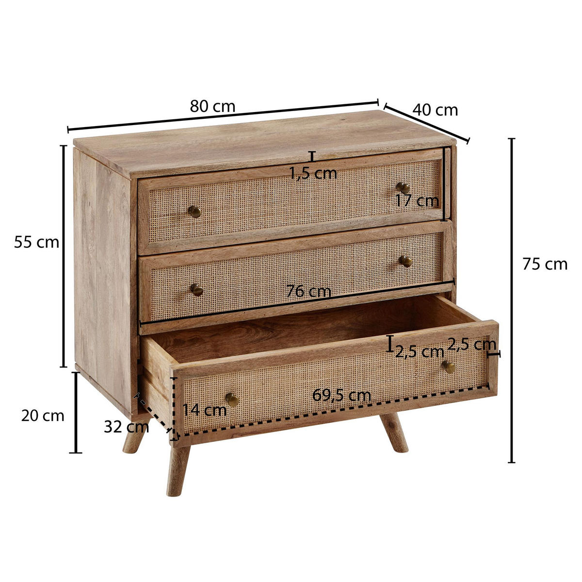 SIDEBOARD – Mango Massivholz, stilvoll, funktional - Braun, Holz/Metall (80/75/40cm) - KADIMA DESIGN