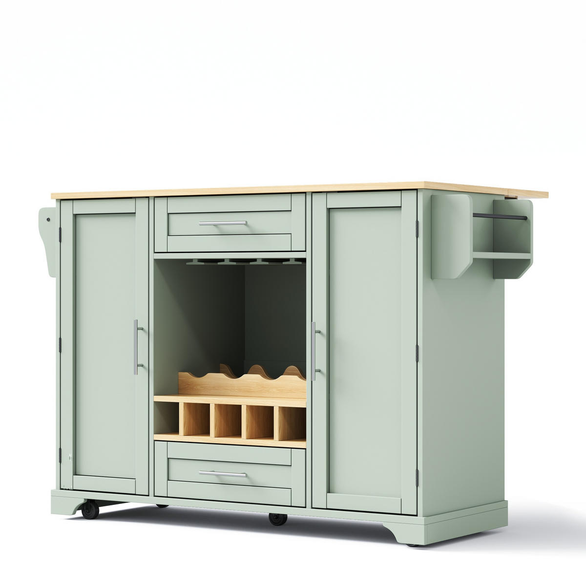 KÜCHENINSEL 138 cm MDF Antikgrün mit Klappbarer Arbeitsplatte und Weinregal - Pastellgrün, Holzwerkstoff (70/92/138cm) - Korfee