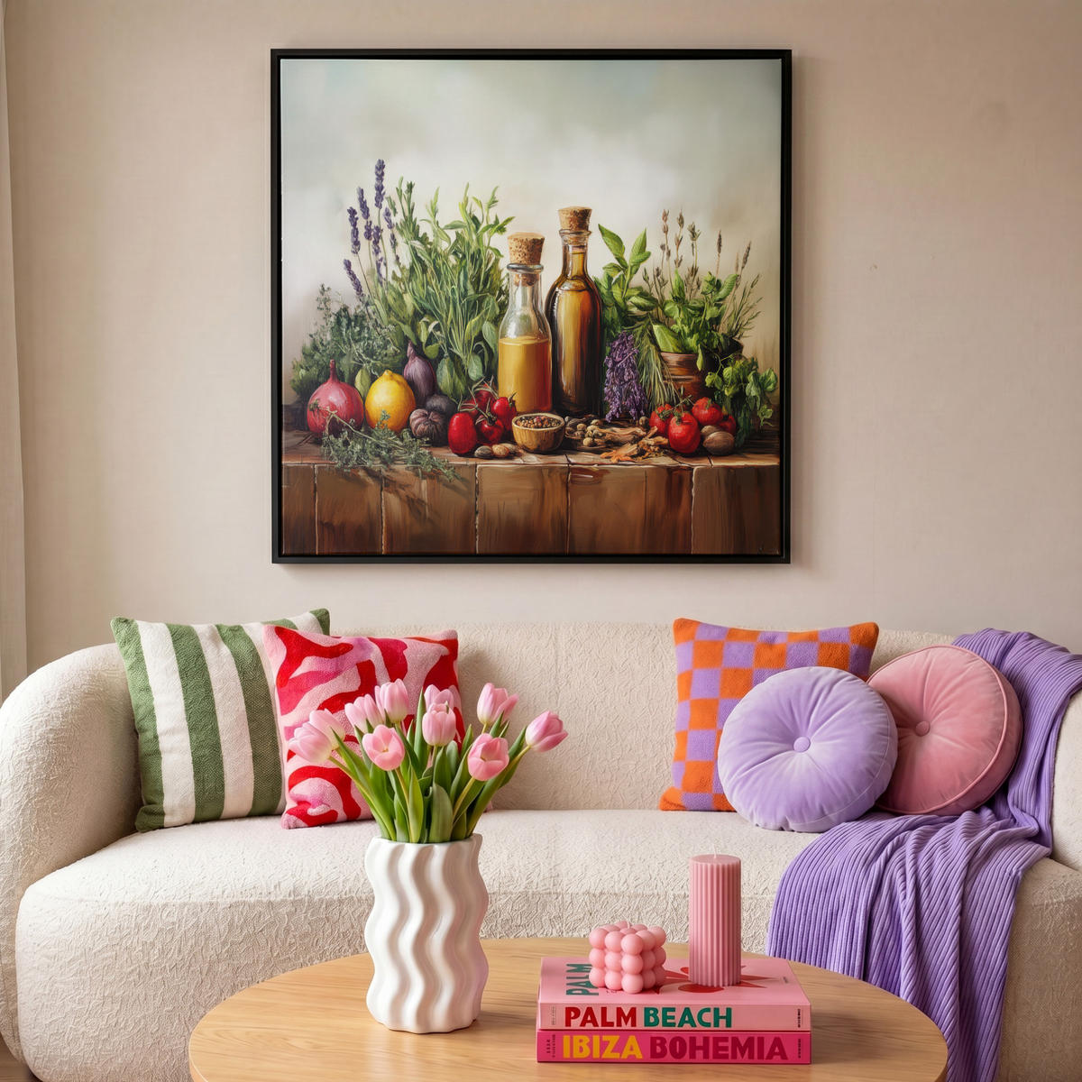 LEINWAND Bilder mit Rahmen - Stilleben - Kräuter - Gewürze - Früchte - Farbenfroh - 90x90 - Grün, Textil (90/90cm) - MuchoWow