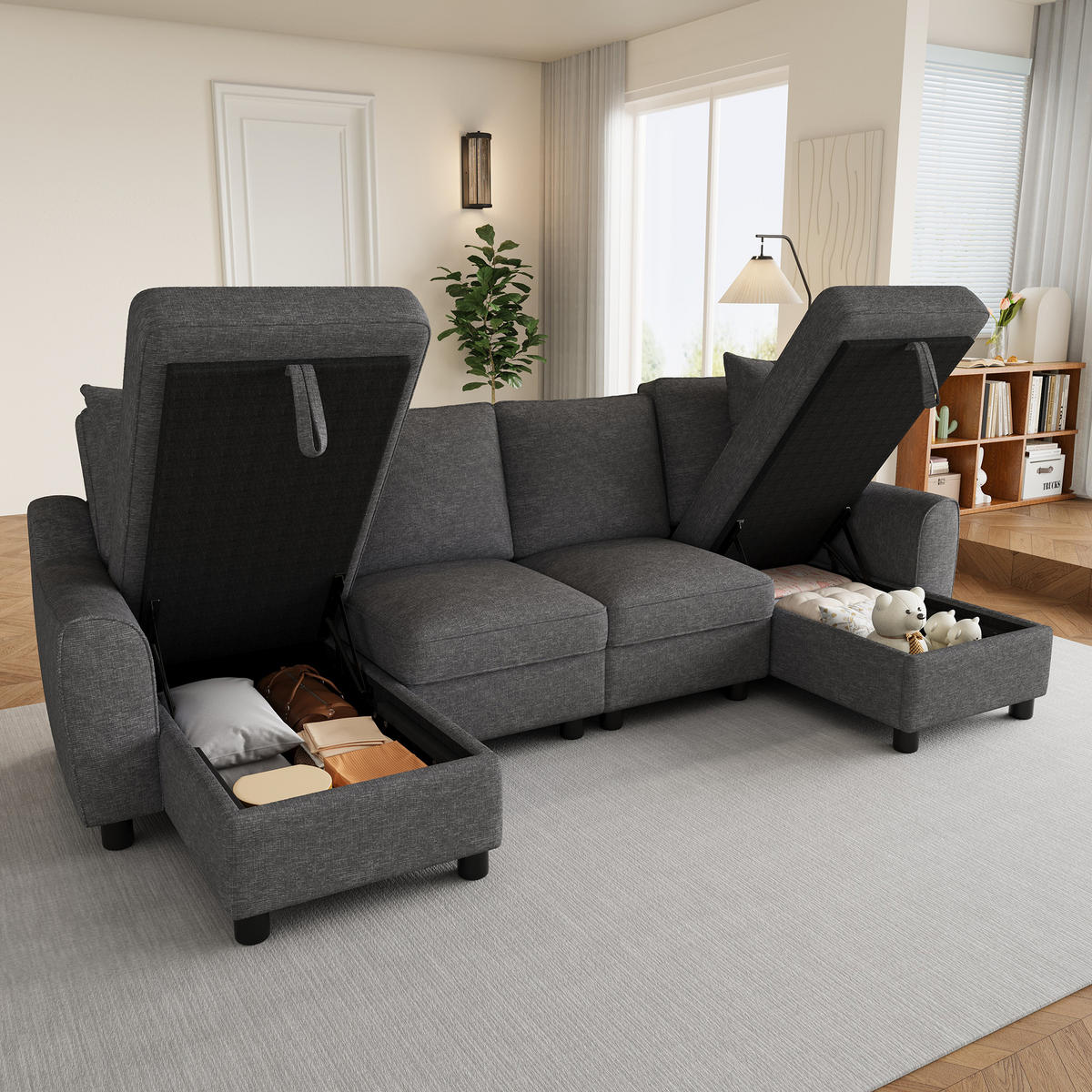 WOHNLANDSCHAFT U Form Chenille Modular Stauraum Grau 280cm - Grau, Textil (280/84/137cm) - FLIEKS