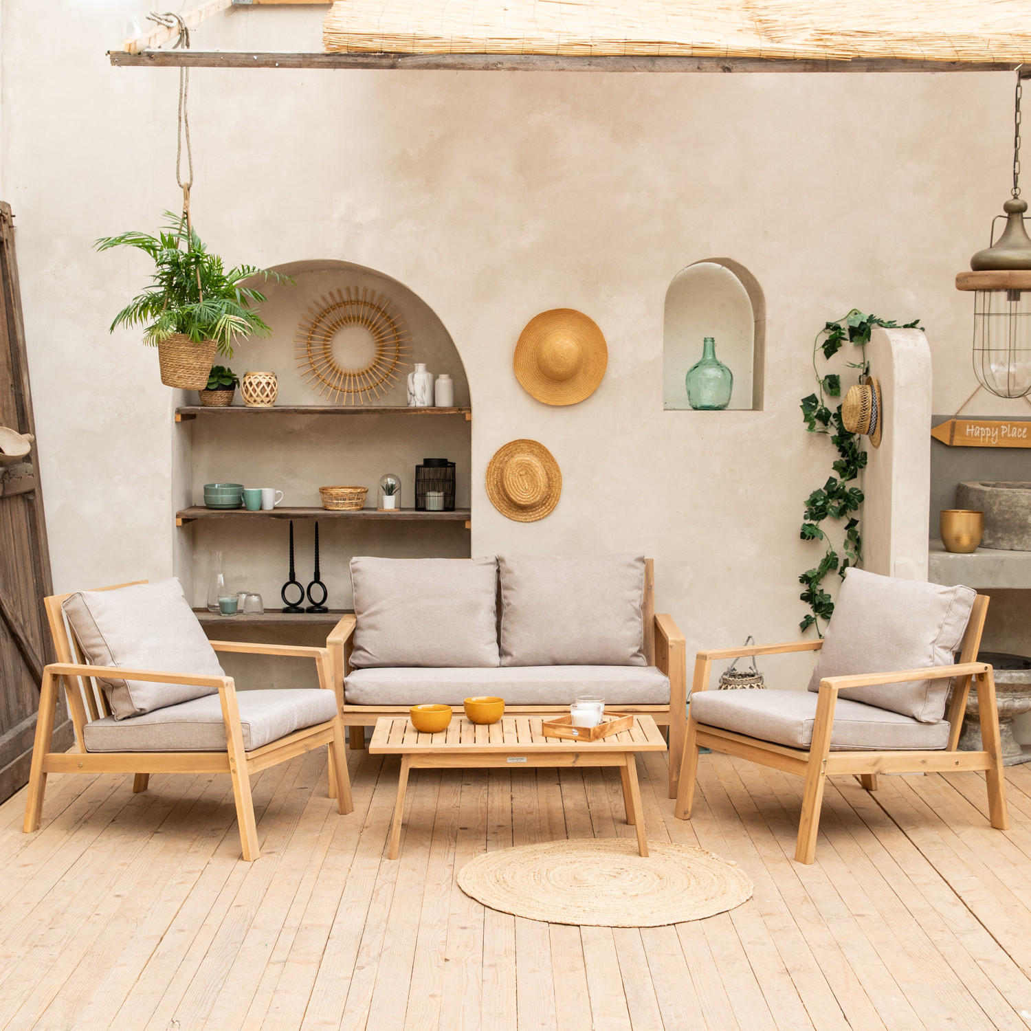 GARTENMÖBEL Gili Sand 4er-Set - Beige, Holz - Happy Garden