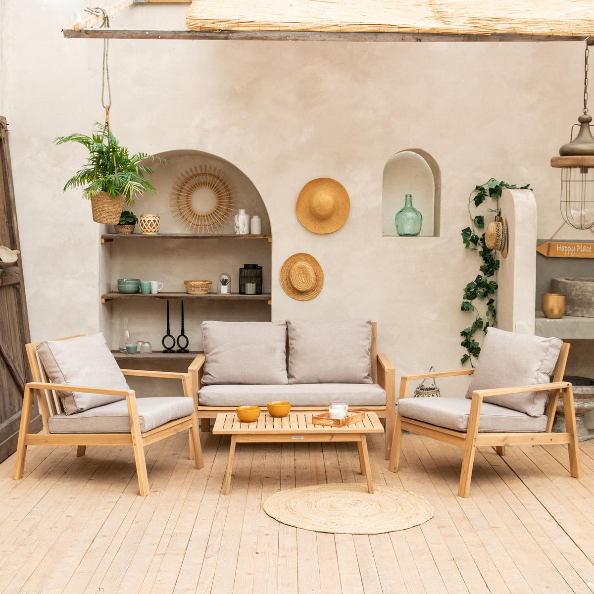 GARTENMÖBEL Gili Sand 4er-Set - Beige, Holz - Happy Garden