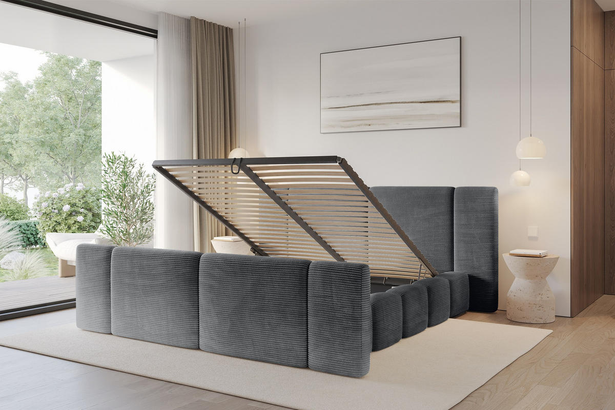 POLSTERBETT mit Bettkasten, Fußteil und Lattenrost, Bett mit Matratze H3/H4 - NILO-Z 200x200 Dunkelgrau - Graphitfarben, Holzwerkstoff/Textil (200/200cm) - ALTDECOR