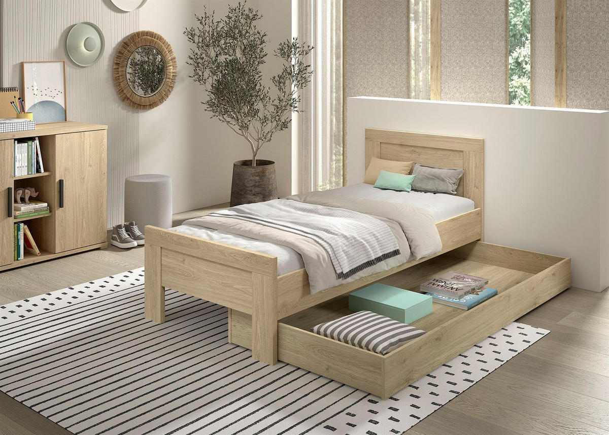 EINZELBETT 90x200 Keelia Eiche Melamin Schublade - Eichefarben, Kunststoff (90/200cm) - 58aufmkessel