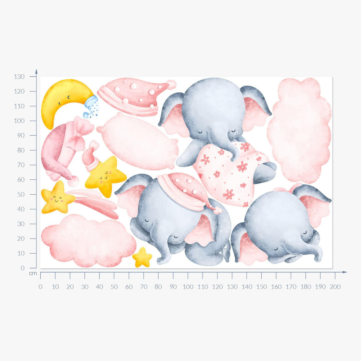 WANDAUFKLEBER 130x198cm - Pastellfarbene Elefantenwolken - Multicolor, Kunststoff (130/198/0.1cm) - Wallfluent