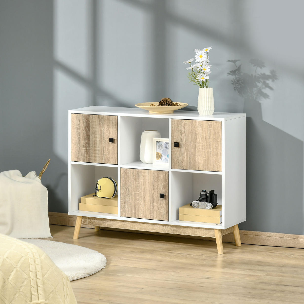 SIDEBOARD DE-11014 9 Würfel mit 3 Türen Weiß/Naturholz - Naturfarben, Holzwerkstoff (96/75/30cm) - ComfortXL