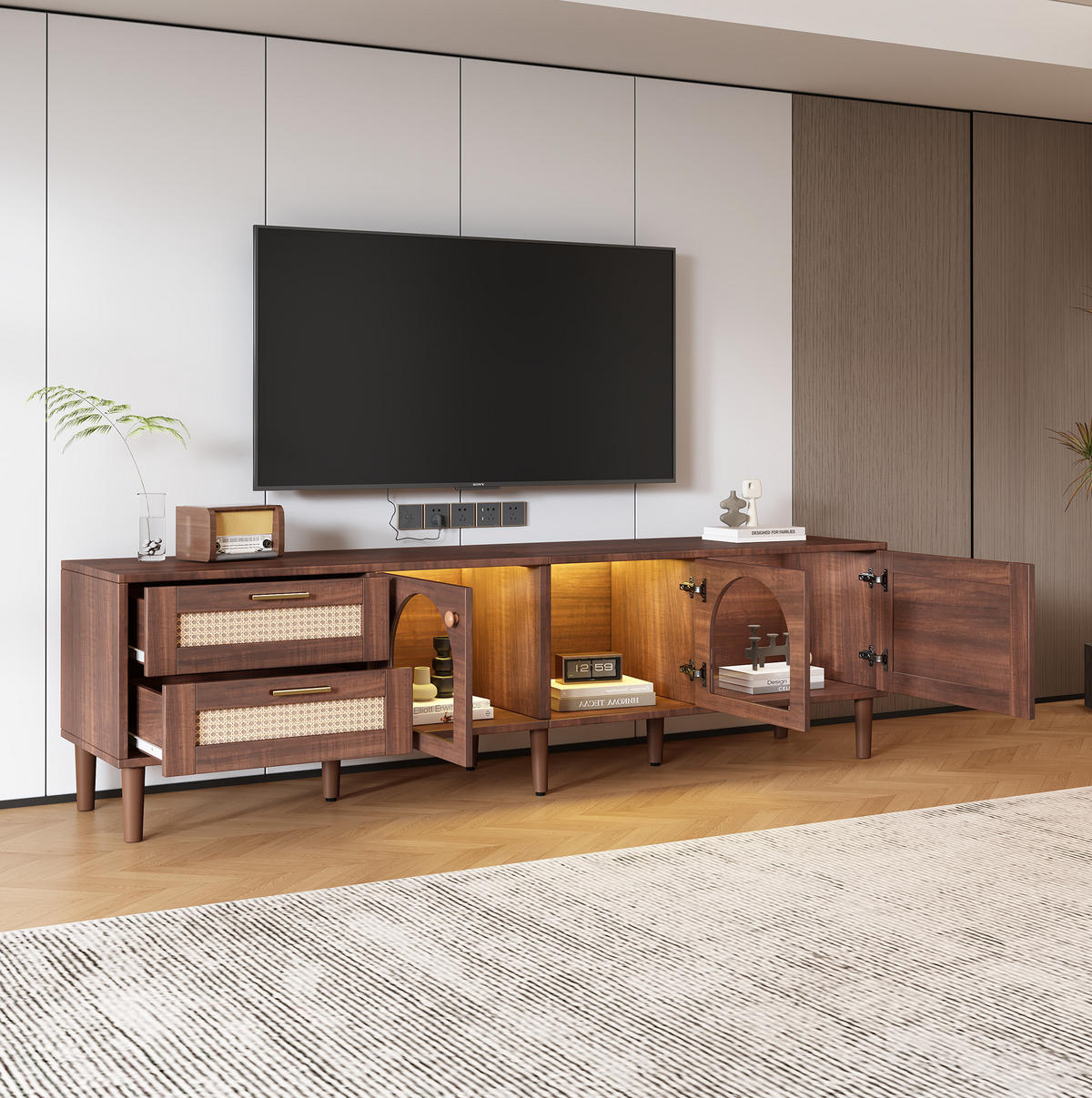 TV-LOWBOARD aus Spanplatte 180x40x50 cm Braun mit LED-Beleuchtung, Rattanschubladen und Glastüren - Braun, Holzwerkstoff (180/50/40cm) - IVMEU