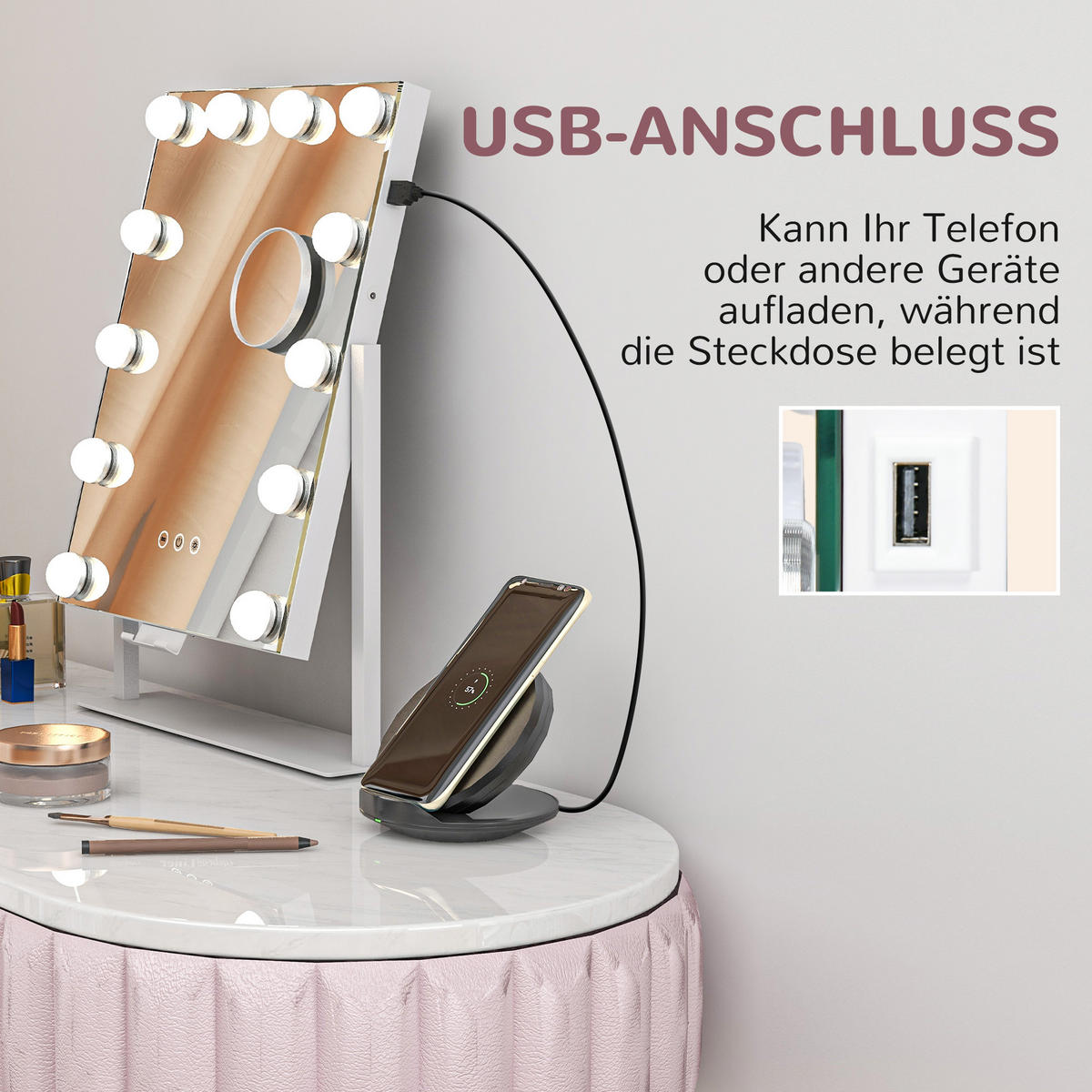 HOLLYWOOD Spiegel mit Beleuchtung, Schminkspiegel mit 12 LED Licht, 3 Lichtfarben - Weiß, Glas (8.5/45.5/36.5cm) - HOMCOM