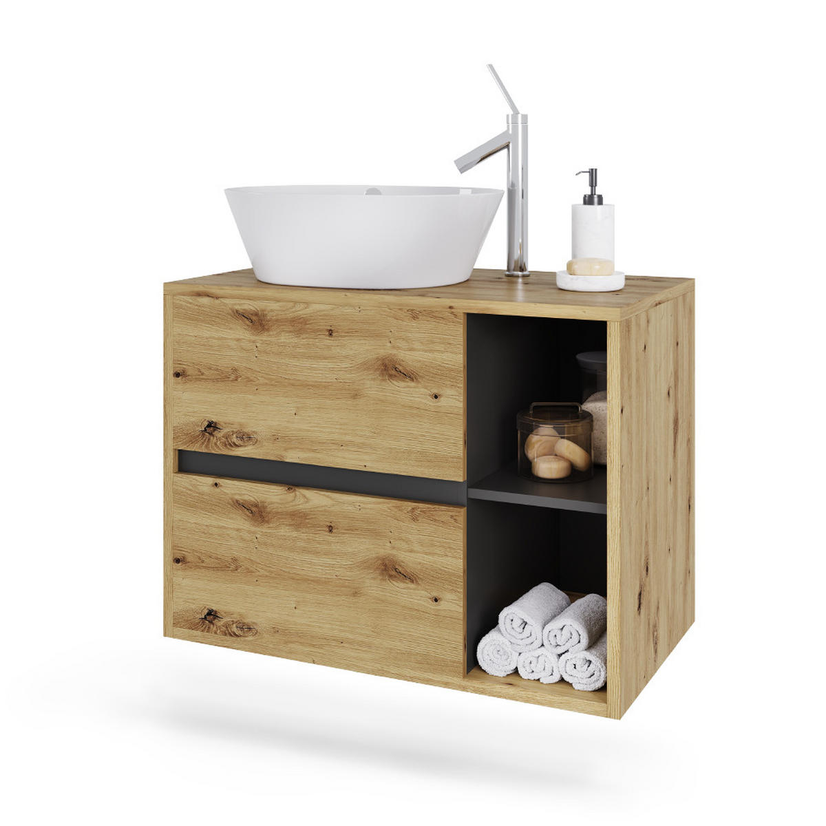 WASCHBECKENUNTERSCHRANK Viola Artisan/Grau 80 x 60 cm mit 2 Schubladen - Hellgrau/Grau, Holzwerkstoff (80/60/46cm) - Vicco
