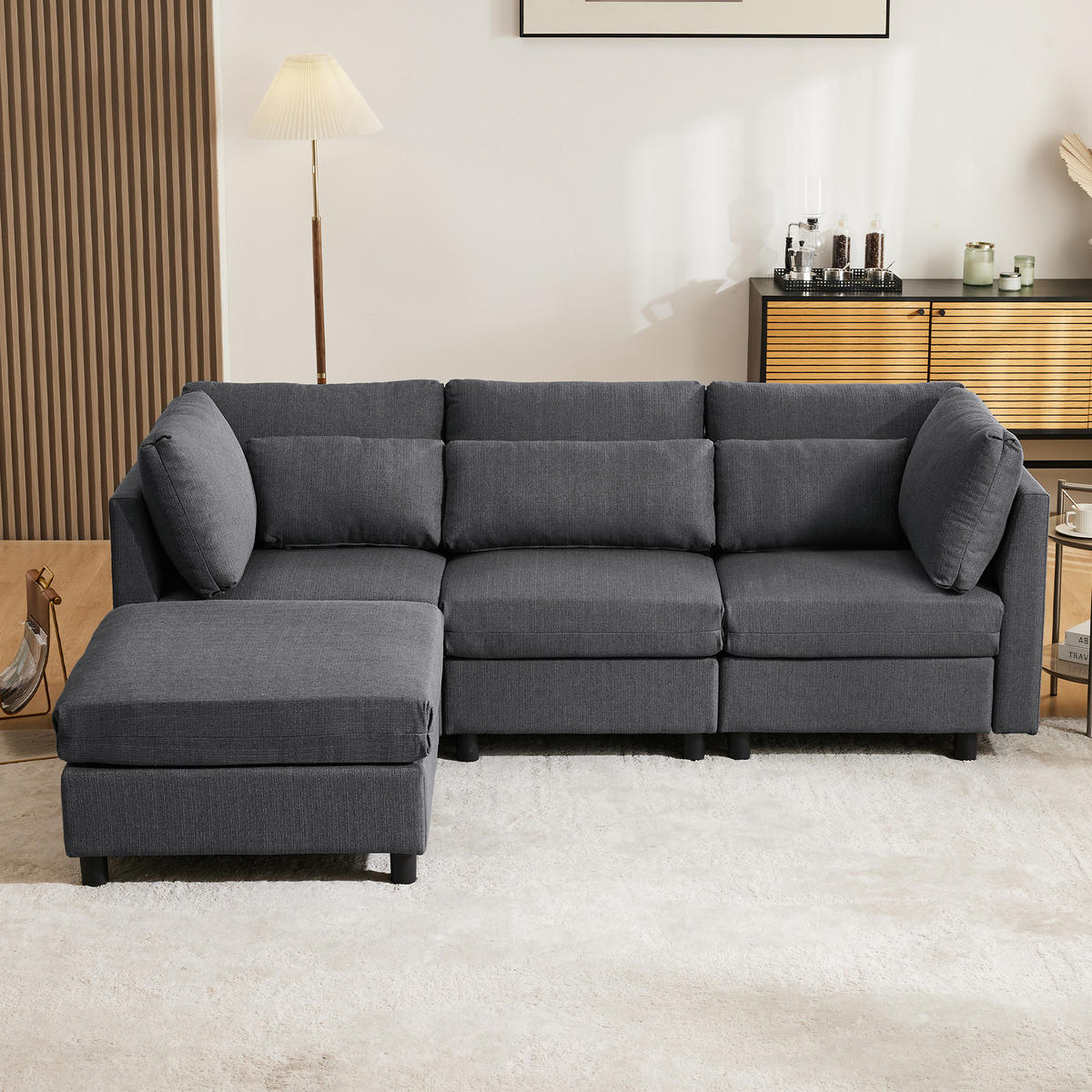 MODULSOFA Ecksofa L-Form mit Hocker Modern Grau 3-Sitzer - Grau, Holz (76/76cm) - FLIEKS