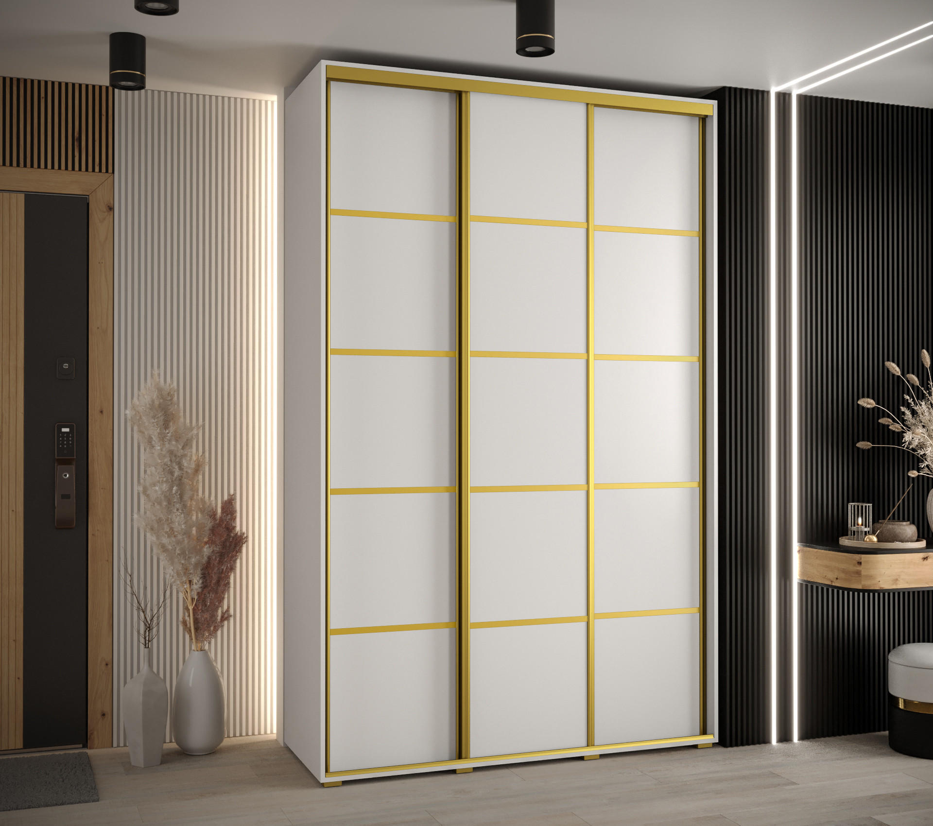 SCHWEBETÜRENSCHRANK 235,2/150/45 3-türig - Goldfarben/Weiß, Holz/Metall (150/235/45cm) - Abiks Möbel