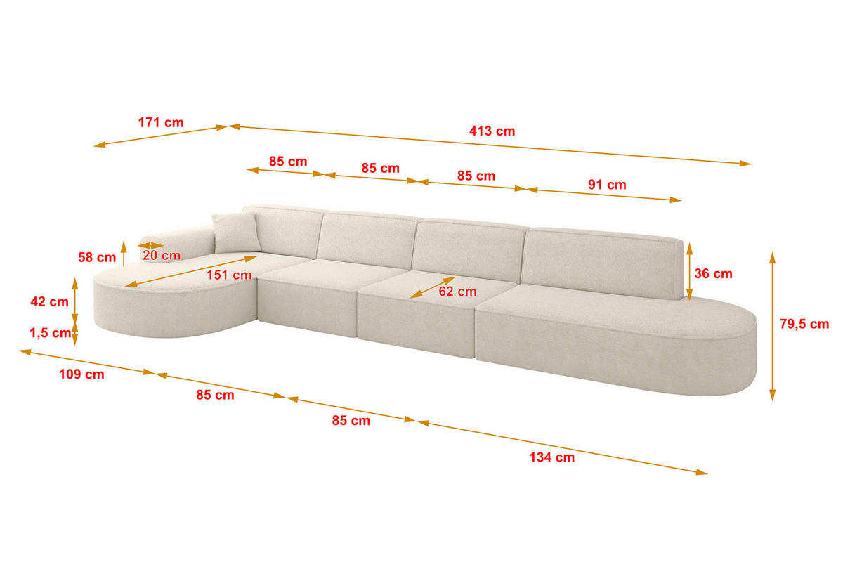 ECKSOFA Ottomane Links MARI-L3 - 413x171x79 cm Creme Tissu - Creme/Schwarz, Holzwerkstoff/Kunststoff (413/171cm) - ALTDECOR
