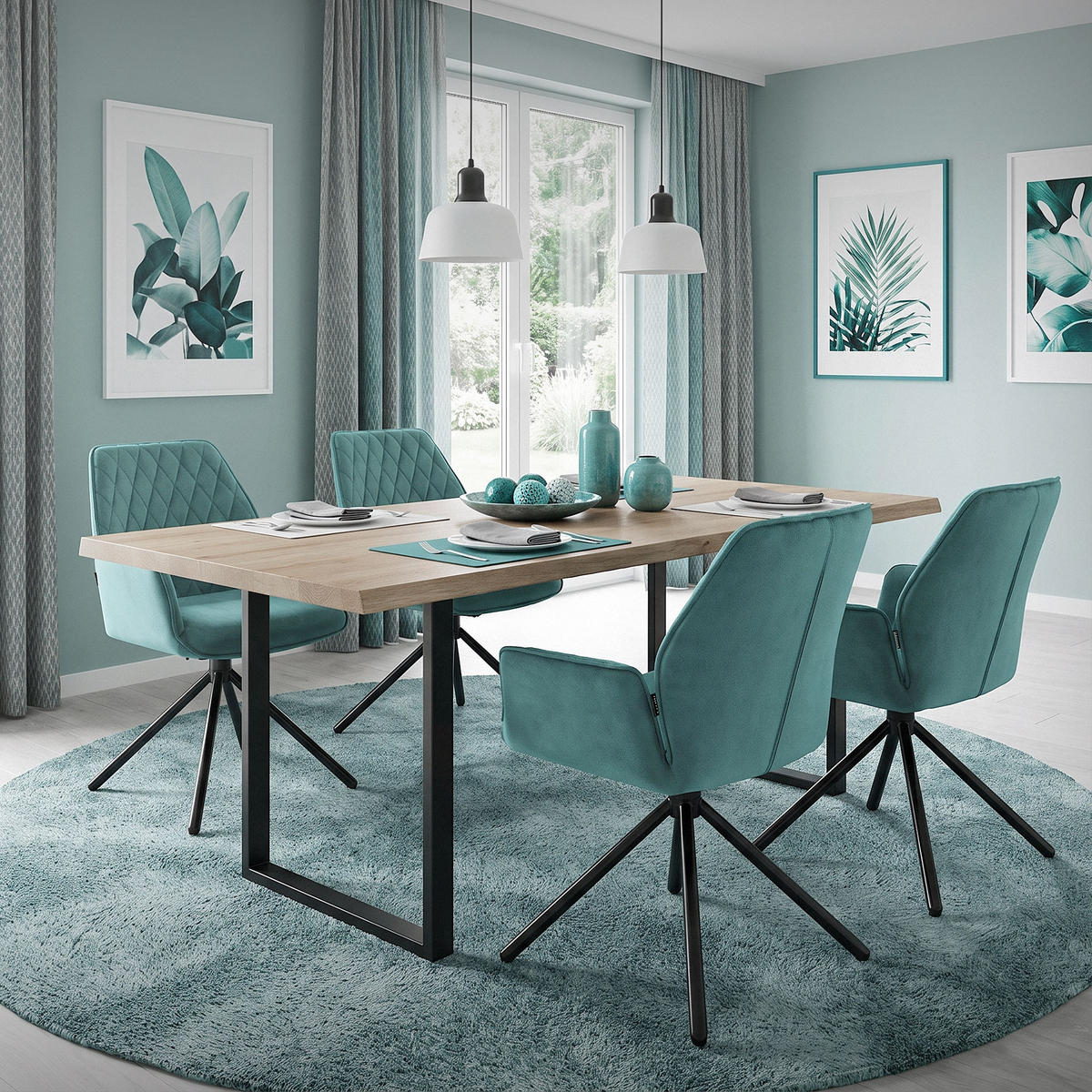 JÍDELNÍ ŽIDLE otočná, šalvějová, samet - modrá/černá, kov (63/90/57cm) - ML-DESIGN