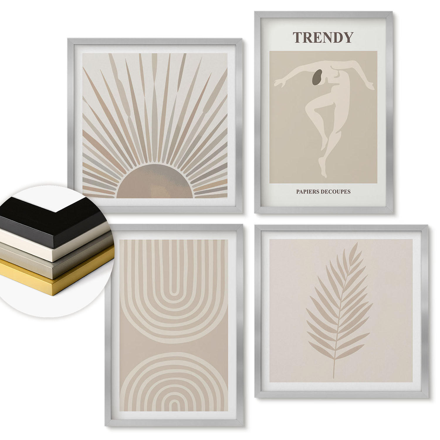 WANDBILDER 4er Set - 50x50 cm & 40x60 cm Silberner Rahmen - Abstrakte Poster im Boho-Stil in Pastellfarben - Silberfarben, Kunststoff (50/50cm) - ArtPrintCave