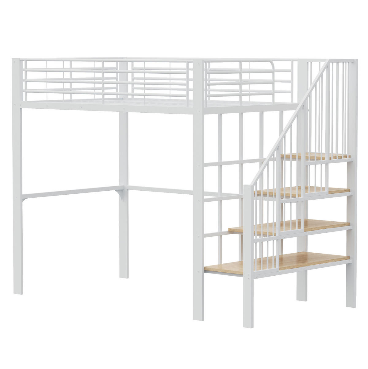 HOCHBETT 140/200 cm in Weiß – mit Treppe und Stauraum unter dem Bett - Weiß, Metall (140/200cm) - BEAOK