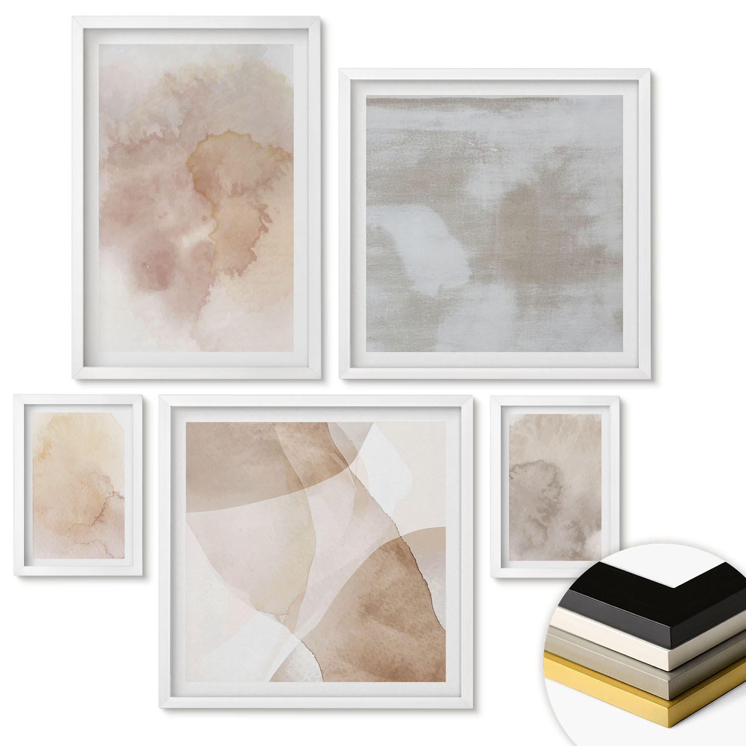 WANDBILDER 5er-Set - 50x50 cm & 20x30 cm & 40x60 cm Weißer Rahmen - Warme Aquarell-Pastelltexturen - Weiß, Kunststoff (40/60cm) - ArtPrintCave