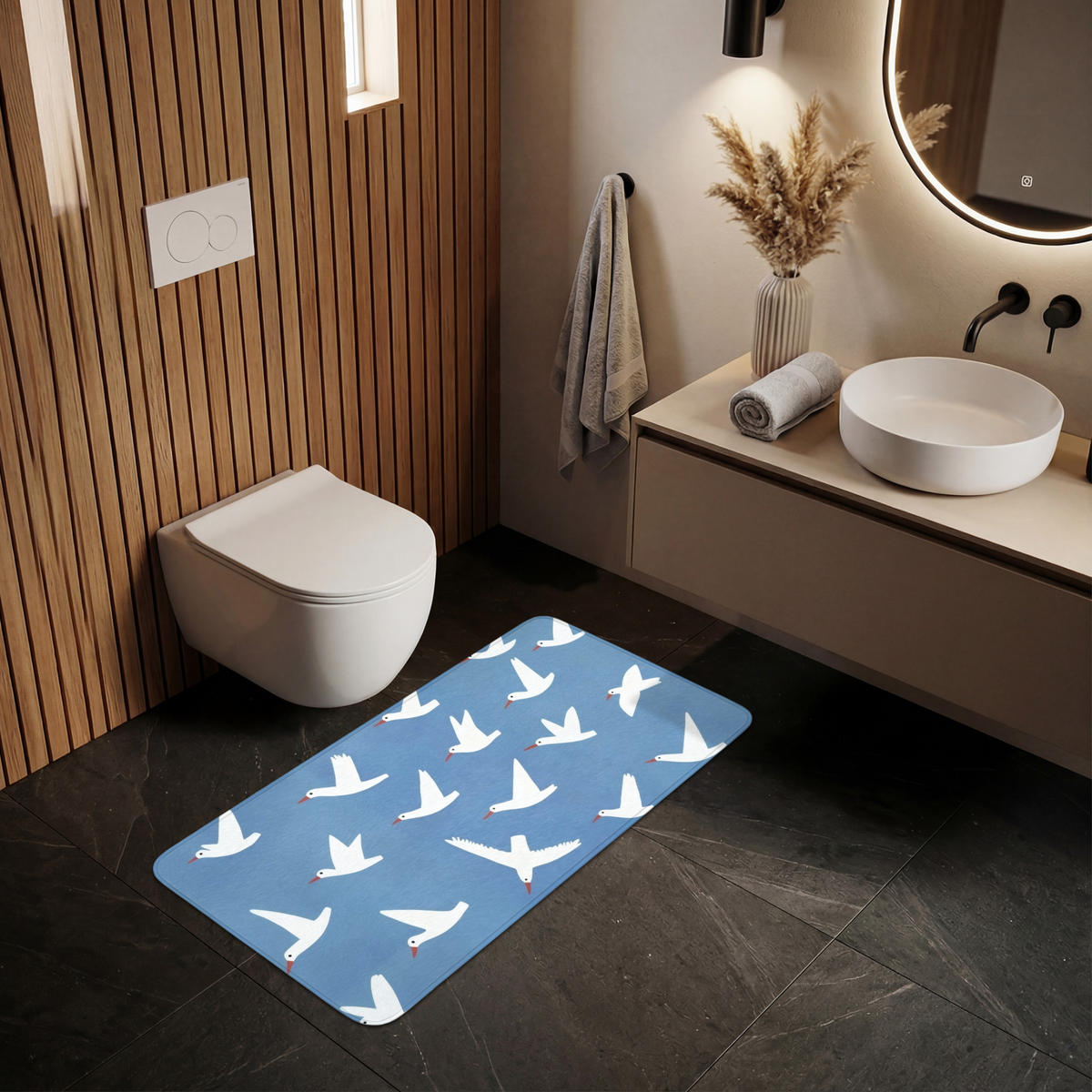 BADEMATTE Vögel - Weiß - Muster 120x60 cm - Blau, Kunststoff/Textil (120/60cm)