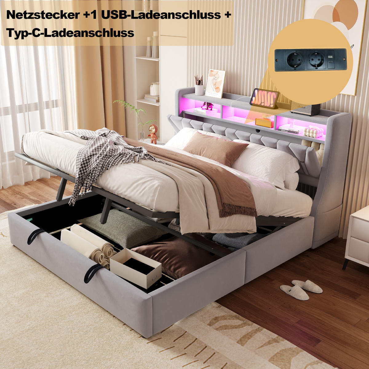 POLSTERBETT 180/200 cm Hellgrau aus Samt mit Stauraum mit LED-Beleuchtung - Hellgrau, Textil (180/200cm) - OKWISH