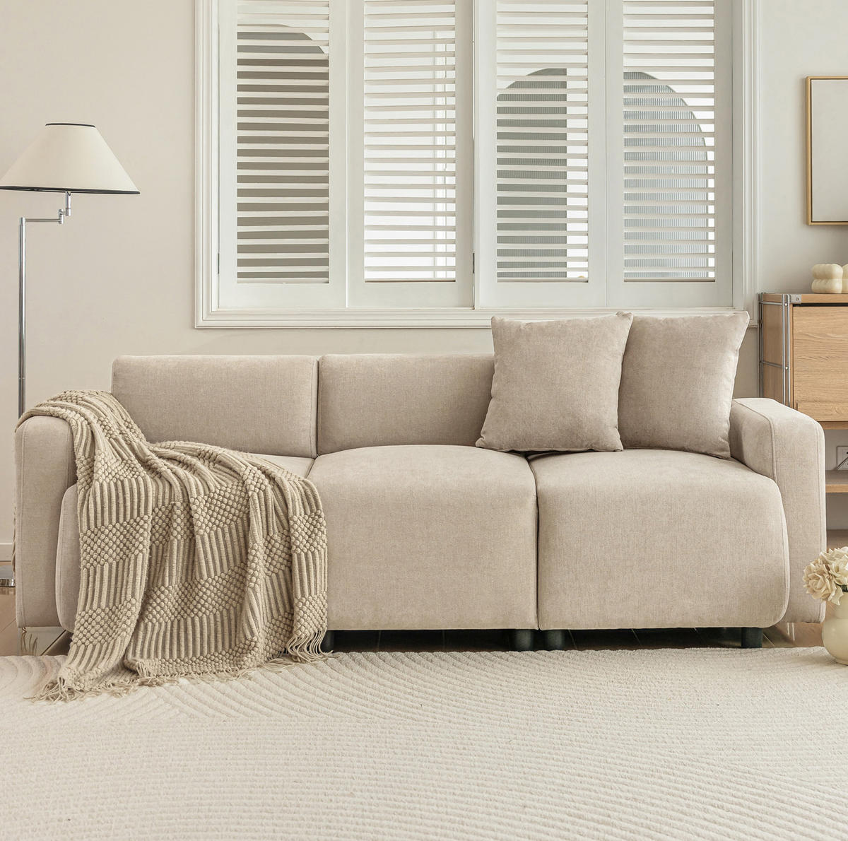 3-SITZER-SOFA aus Chenille 211x67x71 cm Beige mit 2 Kissen, extra breiter Sitzfläche und erhöhter Rückenlehne - Beige, Textil (211/71/67cm) - Modfu