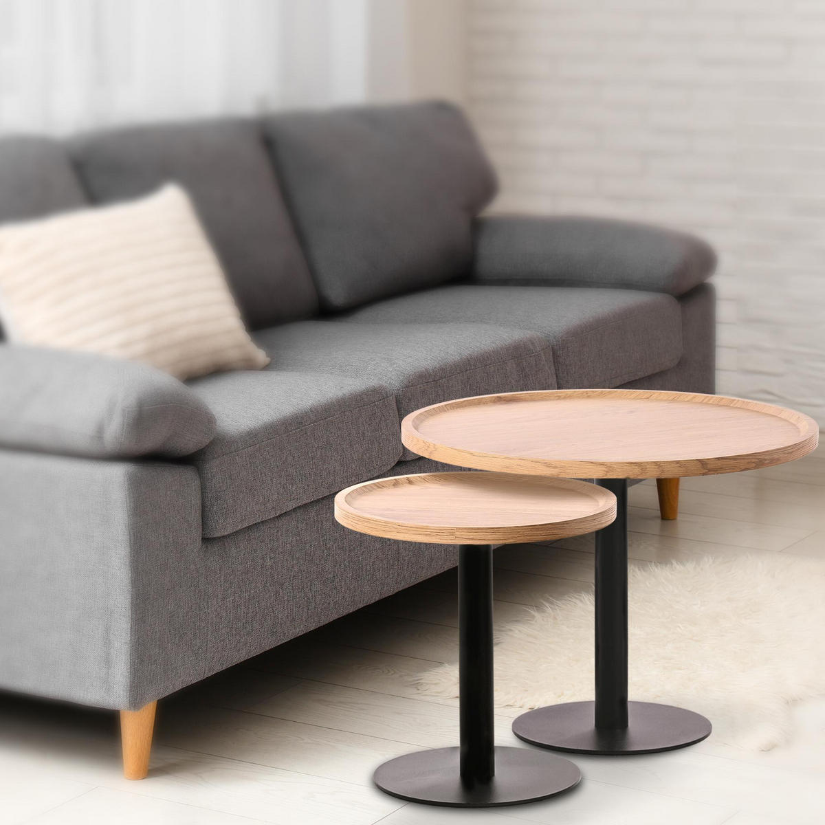 BEISTELLTISCH Kombi Set Holz Natura - Eukalyptusholzfarben/Schwarz, Holz/Metall (40/40/42cm) - CLP