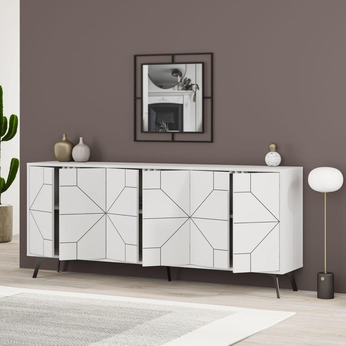 SIDEBOARD mit 6 dekorierten Türen L184 cm - Dune - Weiß, Holzwerkstoff (35/77.4/184cm) - Calicosy