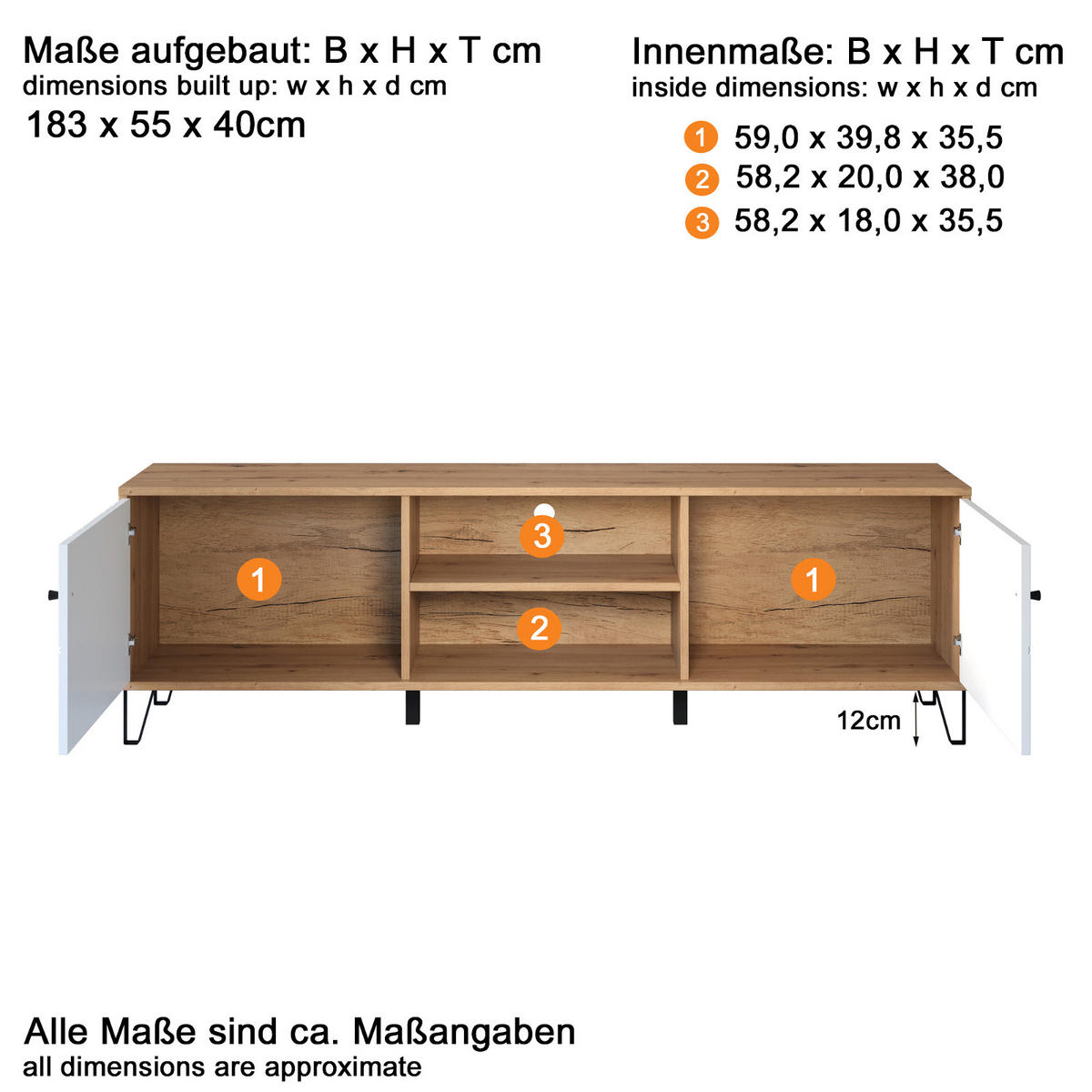 TV-LOWBOARD weiß matt, Eiche Artisan 183 cm,TV-Unterteil mit Soft-Close-Funktion - Eichefarben/Schwarz, Holzwerkstoff/Kunststoff (183/56/40cm) - Top.Furn