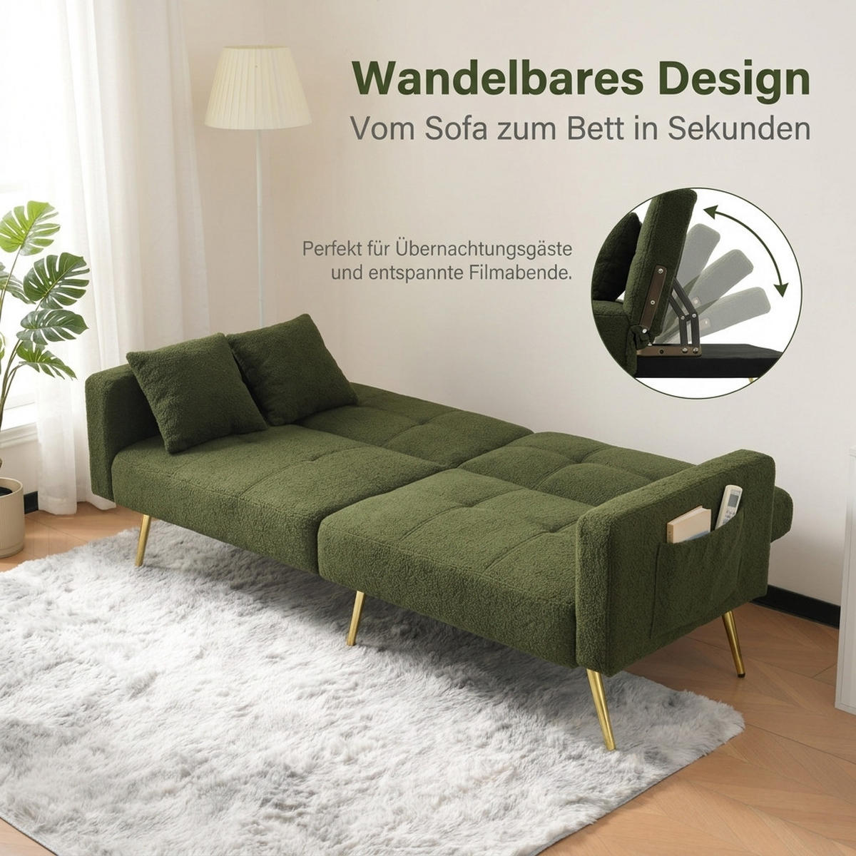 SCHLAFSOFA 175/64/72 cm Antikgrün Wollstoff mit Kissen und seitlichen Aufbewahrungstaschen - Olivgrün, Textil (64/72/175cm) - Oxeza