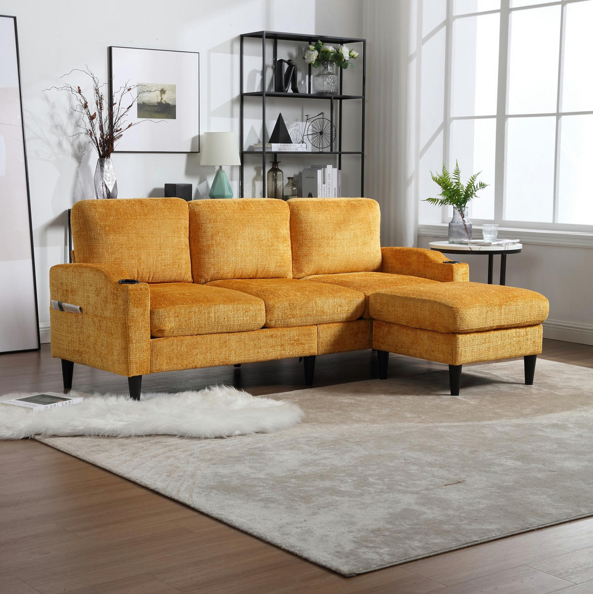 SOFA 4-Sitzer mit Hocker 196,5 x 75 x 77 cm Chenille Gelb - Gelb, Kunststoff (196.5/77/76cm) - Meubliv