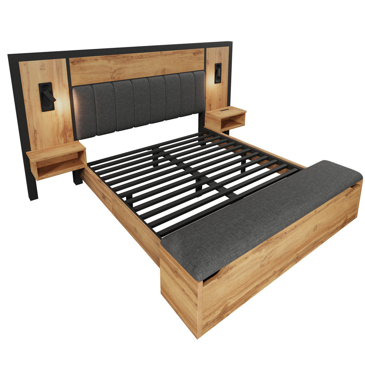 POLSTERBETT 160/200 cm Eiche aus Metall und Holz mit Matratze - Eichefarben, Metall (160/200cm) - OKWISH