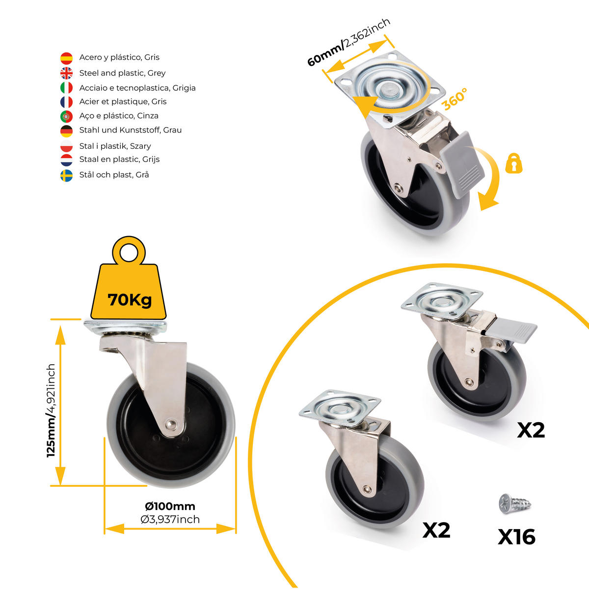 ROLLEN Slip 2 mit Montageplatte, Durchmesser 100mm, Stahl und Kunststoff in graue Ausführung 4er-set - Grau, Metall (6/13/6cm) - EMUCA