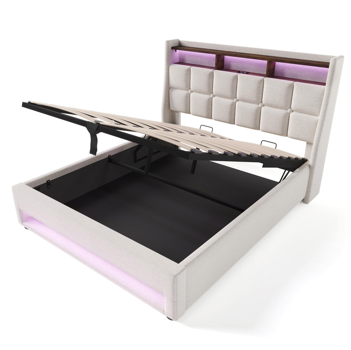 POLSTERBETT 160/200 cm Beige aus Leinenmaterial mit LED und USB - Beige, Textil (160/200cm) - OKMYHOME
