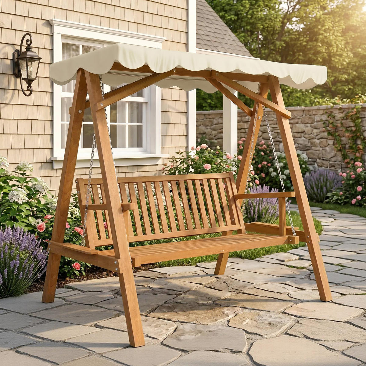 HOLLYWOODSCHAUKEL, Gartenschaukel, Lärche, Metall, Kunststoff, Natur+Creme - Naturfarben, Holz (130/185/162cm) - Outsunny