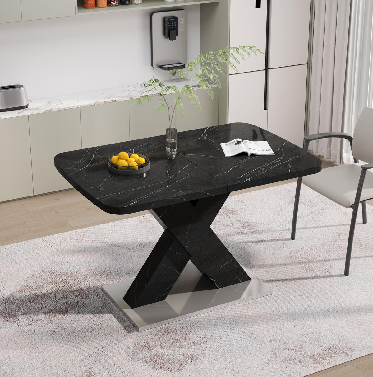 ESSTISCH 120-160/80/76,5 cm aus MDF und Stahl, ausziehbar mit schwarzer Marmoroptik, Schwarz - Schwarz, Holzwerkstoff (160/80/76.5cm) - Redom