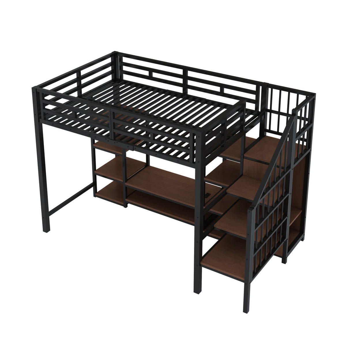 HOCHBETT 90/200 cm aus Metall und MDF mit TV-Ständer und Steckdose Schwarz - Schwarz, Metall (90/200cm) - Modenvie
