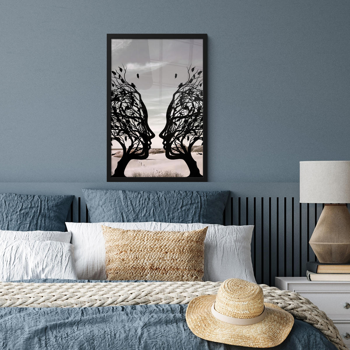 GERAHMTES BILD Strand - Meer - Menschen - Baum - Moderne Kunst 40x60 cm - Hellgrau, Papier (40/60cm) - MuchoWow