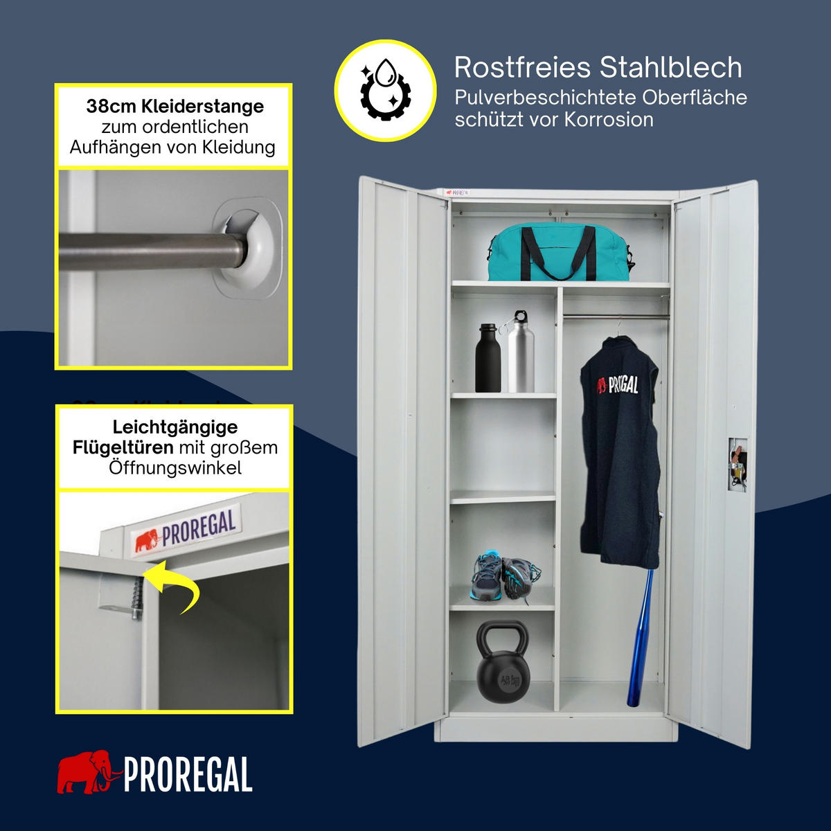 FLÜGELTÜRENSCHRANK Elephant komplett montiert 180x80x40cm 6 Fächern & Kleiderstange Lichtgrau - Hellgrau, Metall (80/180/40cm) - PROREGAL