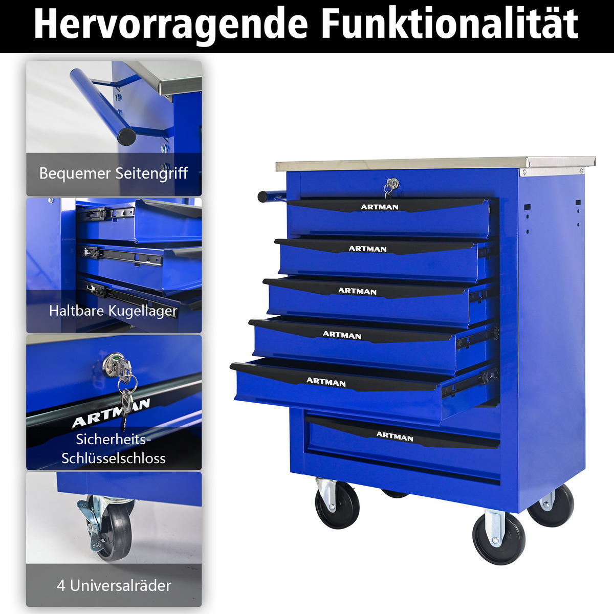 WERKZEUGWAGEN Metall mit Rollen – 7 Schubladen, Edelstahlablage, Werkstattwagen für Garage & Werkstatt, Schwarz/Blau - Blau, Metall (34.5/78/62.5cm) - Ej. Life