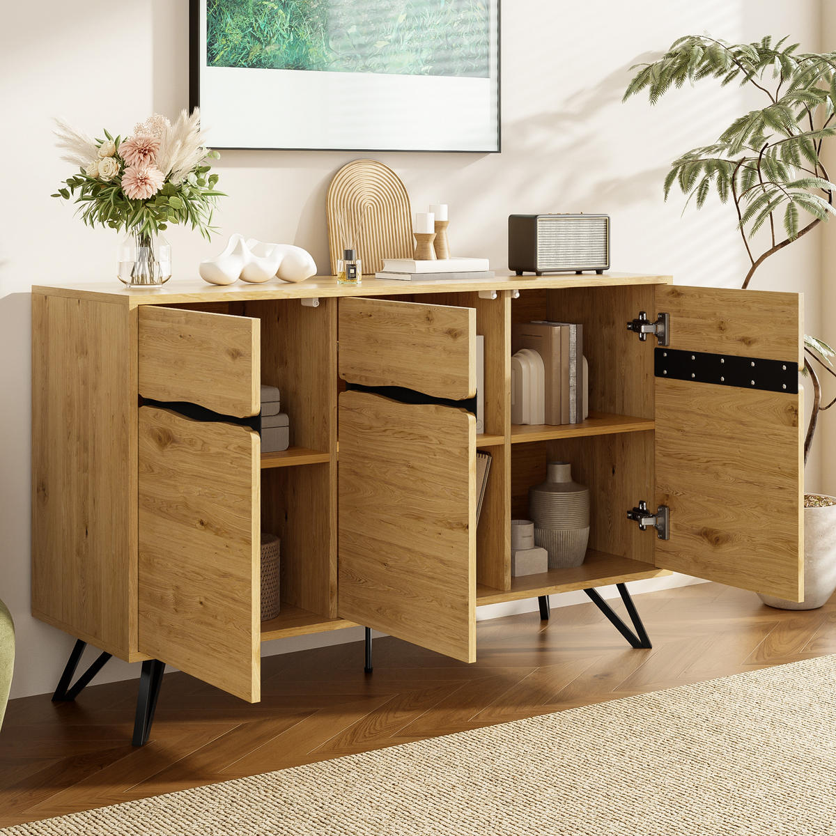 SIDEBOARD 140/40/75,5 cm mit 3 Türen in Holzoptik und schwarzen Metallbeinen - Naturfarben, Holzwerkstoff (40/75.5/140cm) - BEAOK