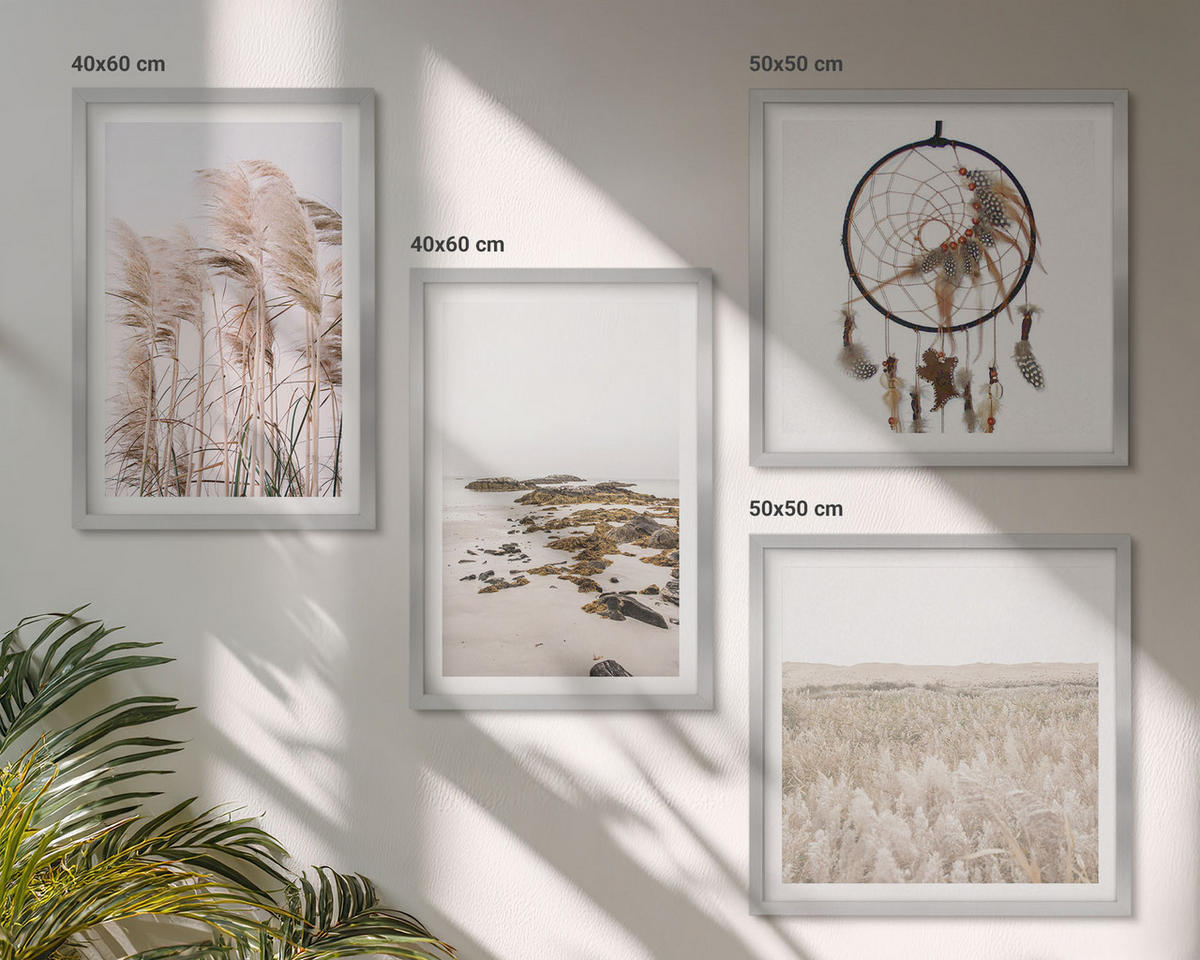BILDER SET 4er Set - 50x50 cm & 40x60 cm Silberner Rahmen - Wiesen, Strand, Boho-Stil - Silberfarben, Kunststoff (50/50cm) - TULUP