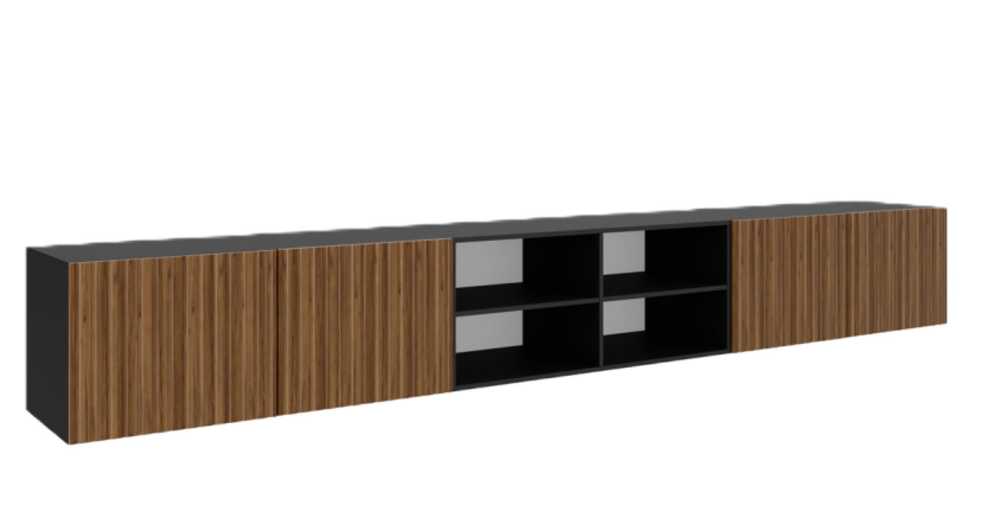 TV-SCHRANK Schwarz Catania Eiche Rillenoptik Offen Mit Regalen 300 cm - Braun, Holzwerkstoff (300/41/40cm) - Sepro Meble